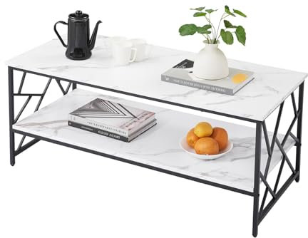Ginhow Couchtisch 110x50 cm - Weißer Wohnzimmertisch mit Stauraum, MDF Marmoroptik Sofa Tische, Schwarz Metall Moderner Kaffetisch fürs Wohnzimmer