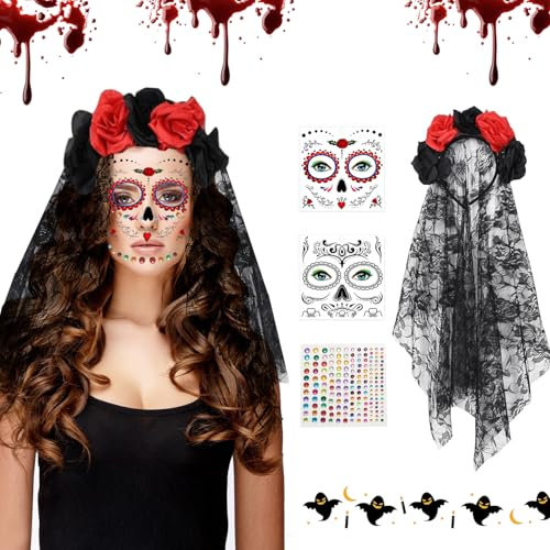 MaibaoteMbt Tag der Toten Haarreif und Schleier, Halloween Totenkopf Kopfschmuck, Tag Der Toten Rosen, Halloween Gesichtstattoos, Damen Kostüm Accessoires für Halloween Karneval Cosplay (M3)