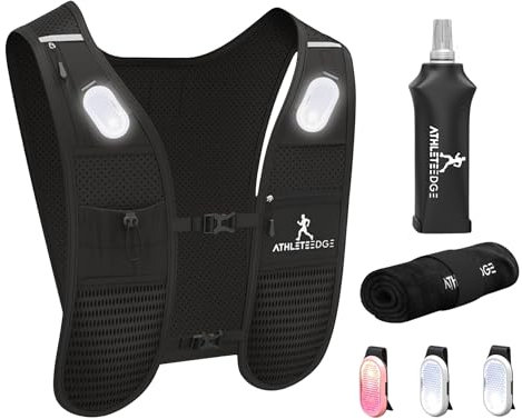 AthleteEdge Running Vest for Women Men – Lightweight Adjustable Running Vest with 500ml Water Bottle, Phone Holder, 3 LED Lights, Reflective Strips, Waterproof Pouch, Hydration Vest, Towel