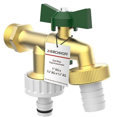 KIRCHHOFF 99720225 Grifo de agua doble de 3/4 pulgadas x 1 pulgada x 1 pulgadas, grifo de jardín con 2 conexiones, grifo exterior de 2 vías para manguera de jardín, grifo para sótano y jardín
