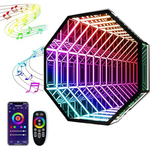 3D-Unendlichkeitsspiegellicht, RGB-Spiegeltunnellicht mit APP-Steuerung und Fernbedienung, einstellbare 385 Lichtfarbeffekte und Sprachantwortfunktion, stressreduzierendes visuelles Erlebnis, für Zu