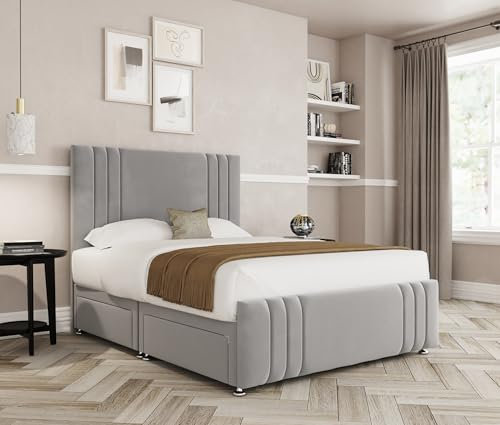 THE BED VILLAGE YORKSHIRE Ripon with Footboard Small Double (4ft) Divan Bed with Mattress, Headboard & 2 Drawers Foot End | Silver Grey Plush Fabric | British Timber | Sustainable Handcrafted Design