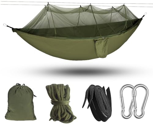 Udbrud Hamac d'extérieur Camping avec Moustiquaire, Hamac de Voyage Ultra léger, Capacité de charge de 300 kg, 260 x 140 cm Nylon Parachute Séchage Rapide Hamac Exterieur pour Camping Randonnée Jardin