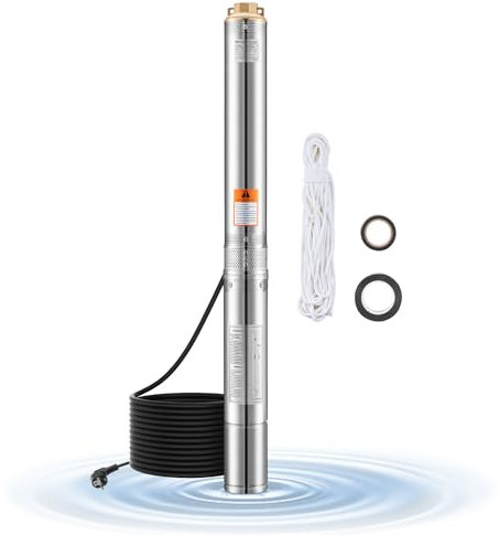 VEVOR Pompa Sommergibile per Pozzi Profondi IP68, Potenza in Uscita 750 W, 230 V, Portata 100 L/min, Prevalenza 75 m, con Cavo da 20 m, Pompa Acqua in Acciaio Inox per Irrigazione Industriale