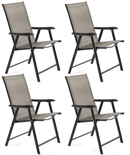 Yaheetech Patio Folding Dining Chairs Set of 4 with Breathable Texteline Fabric, All Weather Outdoor Folding Garden Chairs with Steel Frame for Garden, Lawn, Porch, Backyard, Poolside, Brown
