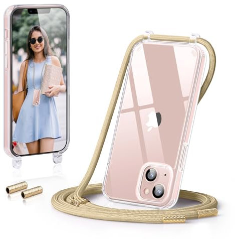 GOODVISH Handykette Kompatibel mit Apple iPhone 13 6,1 Display, Necklace Hülle mit Band Handyhülle für zum Umhängen, Transparent Case mit Schnur, Kameraschutz und Bildschirmschutz, Gelb
