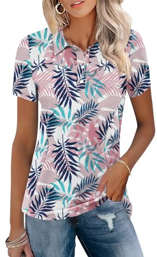 IECCP Women's Golf Polo Shirts Short Sleeve Cotton Collared Lightweight Moisture Wicking T-Shirt Summer Workout Casual Tennis Tops with 3-Button 2025 (Pink Leaf,L)