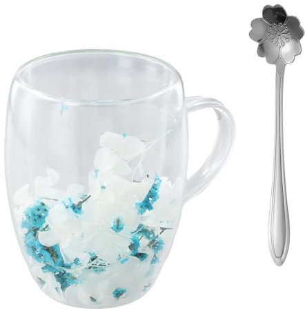 350ml Glasses Double Walled, Dry Flower Cup with Handle, Double Layer Glass Cups, Coffee Mugs, Coffe Glasses, Gifts for Women Friends, Large Tea Cups Clear, Glass Cups for Tea, Ice Cream, Iced (Blue)