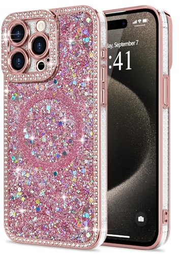 Lafunda Magnetic for iPhone 15 Pro Max Case Glitter Bling Luxury, Pink | Sparkly Rhinestone Diamonds Case, Compatible with MagSafe, for Women Girls Soft TPU Slim Shockproof Protective Phone Cover