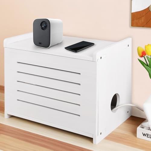BEARUT Wood Router Shelf Projector Shelf Projector Stand Router Storage Box Modem Cable Router Cover Organized Power Strip Cable Management Hider Rack White
