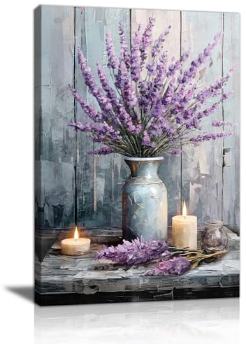 Lila Lavendel in der Vase Leinwand Bilder mit Rahmen Rustikal Landhausstil Kerze Wandbilder Motivierend Gemälde Bild Auf Leinwand Deko Wanddekoration für Badezimmer Schlafzimmer Wohnzimmer 40X60cm