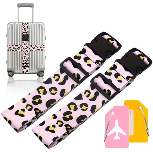 Lymshine 2 Stück Leopard Kofferband Gurt, Koffergurt Set Verstellbare, Kofferbänder Auffällig 5x200cm, Luggage Strap mit 2 Gepäckanhänger, Personalisierte Gepäckband zur Schnellen Identifizierung
