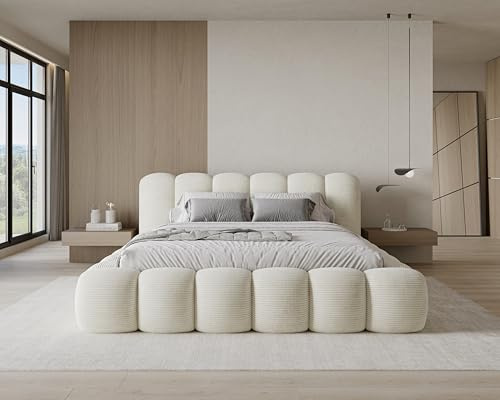 Chilly. Möbel Design Bett Stone - Polsterbett 200x200 mit Bettkasten, Lattenrost und Kopfteil - Eleganter Poso Cord-Stoffbezug Beige