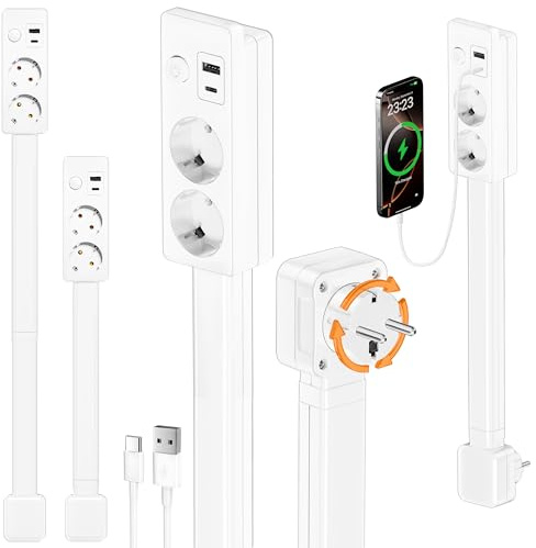 Regleta extensible giratoria con 2 enchufes de la UE y puertos USB, 48-71 cm para espacios reducidos y detrás de muebles