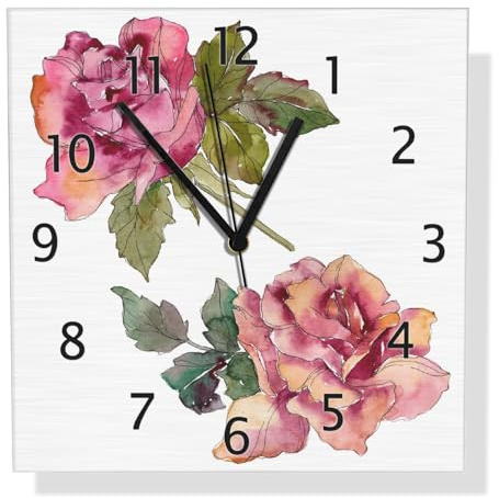 Wallario Design Wanduhr Rosen im Aquarellstil aus Aluverbund, Alu-Uhr Größe 30 x 30 cm, Schwarze Zeiger mit Metalloptik