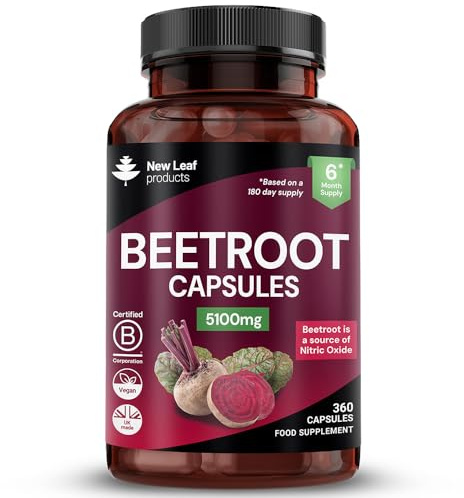Beetroot Capsules 5100mg - High Strength Beetroot Supplement 360 Vegan Capsules - Nitric Oxide - Enriched with Black Pepper Made in The UK By New Leaf