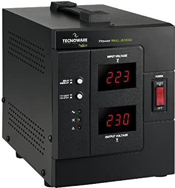 Tecnoware PowerReg 3000VA, Stabilizzatore di Tensione Monofase, Protezione da Sbalzi, Picchi e Cali di Corrente per: TV, Impianti HiFi, Stampanti, Piccoli Dispositivi di Casa e Ufficio, Pronto all’Uso