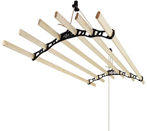 Monster Shop - Tendedero de Techo con Sistema de Poleas en Negro y 6 Listones de Madera 1.4m Tendedero Colgante Estructura para Colgar Secar Ropa Colgador Ropa Habitación Interior Kit Fijación Gratis