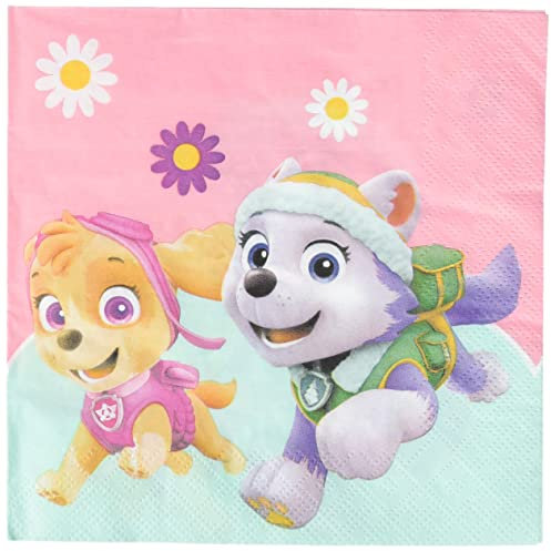 Procos 90277 - Servietten Paw Patrol, Skye & Everest, 20 Stück, Größe 33 x 33 cm, Papierservietten mit Motiv, Helden auf vier Pfoten, Hunde, Party, Tischdekoration, Mundtuch, Bunt