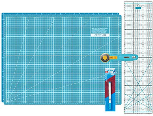 SEMPLIX Schneidematten Set - Schneideunterlage 60 x 45 cm (A2), Rollschneider Maxi, Patchwork Lineal + PRYM Aqua-Trickmarker (türkis/petrol)
