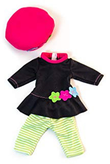Miniland Set Puppenkleidung 32cm, Gestreifte Leggins, braunes Kleid mit Blumen und Mütze