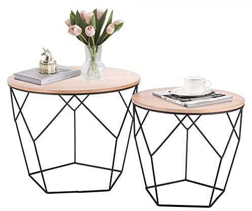 Ribelli Tavolino appoggio Legno tavolino Cestino Contenitore tavolino da Salotto Nero Bianco Chiaro, Tavolo in Metallo:Legno Chiaro/Nero, 50 x 50 x 40 cm e 50 x 40 x 36 cm