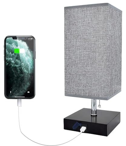 Depuley E27 Tischlampe mit USB Anschluss, Modern LED Nachttischlampe Kinderzimmer mit EU-Stecker & Zugschalter, Warmweiß 3000K, Schreibtischlampe aus Holz für Wohnzimmer Schlafzimmer Büro Eckig