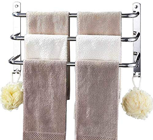 HONPHIER Towel Rail 3-Tier Bath Towel Rack SUS 304 Stainless Steel Towel Rail with Hooks Wall Mounted Towel Holder Towel Bar Rail for Kitchen Bathroom Toilet Hotel (Chrome, 63CM)