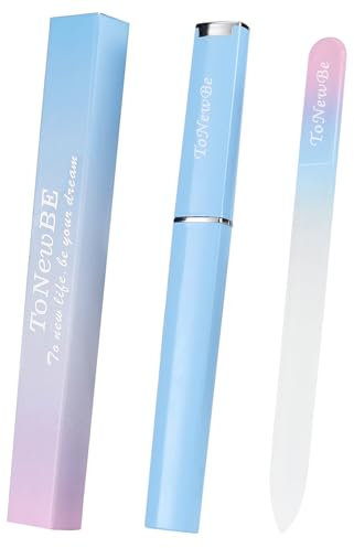 Glass Nail File in Case, Glass Fingernail File, Czech File, Double-Sided Etched Nail File for Nail Art & Nail Care, Christmas Gifts Stocking Stuffers (Pink-Blue)