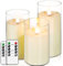 salipt Bougie LED Flamme Vacillante Lot de 3, Bougies à Piles en Verre Avec Télécommande et Minuteur, Diamètre 7.6 cm, Hauteur 12.7 15.3 17.8 cm - Blanc