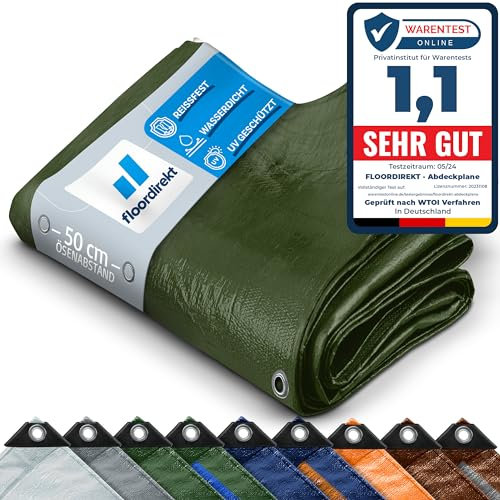 Floordirekt Abdeckplane | Gewebeplane | Schutzplane | Bootsplane Zeltunterlage für Camping & Outdoor Garten wasserdichte Plane mit Ösen Bauplane Viele Größen & Farben 2x3m 6m² 240 g/m², Grün