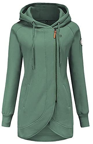 ELFIN Damen Lange Kapuzenpullover Zipper Hoodie Herbst Winter Pulli Sweatjacke mit Reißverschluss, Grün, M