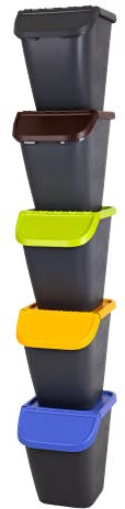 BranQ Home essential Set of 5 Pelican Stackable Waste Seperation Recycling Bins, 23 Litre BPA Free Plastic Bins for Kitchen, 29.5 x 39 x 36 cm (LxWxH)