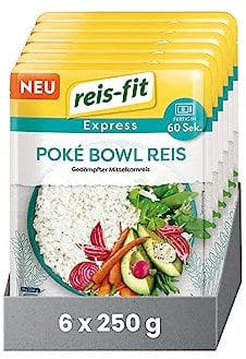 reis-fit Express Poké Bowl Reis 6x250g, vegan & glutenfrei, leckerer Reis für die Mikrowelle mit Reisessig, Sushi Reis, in 1 Minute fertig