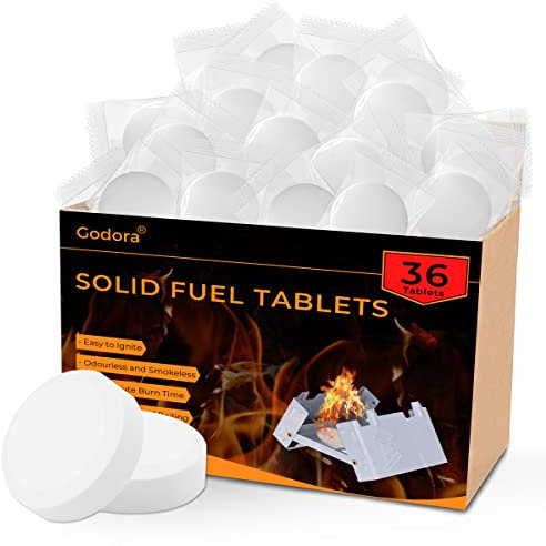 Godora 36 potentes tabletas de combustible sólido (1300 grados), se encienden fácilmente y no se evaporan, tabletas de combustible sólido 100% impermeables para mochileros, exteriores, campamento y