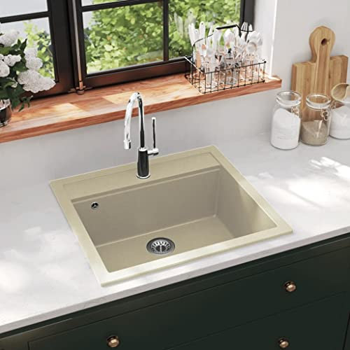 Spülbecken Beige, Unterbauspüle Granitspüle Einbauspüle Einzelbecken Küchenspüle für Unterschrank, 565 x 510 x 306 mm