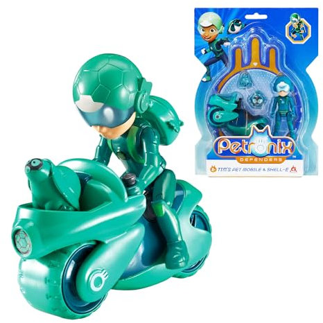 AlphaToys Petronix Defenders EU820030 - Tim Actionfigur & Pet Shell-E, ca. 8 cm große Spielfigur für Kinder mit tierischem Begleiter, inkl. Haustiermobil und Rucksack, grün