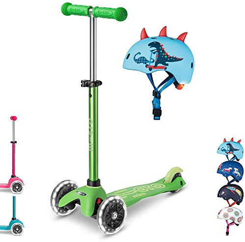 mini micro™ Deluxe LED | Das ORIGINAL | Kinder Roller ab 2 Jahren | inkl. zertifiziertem Helm | Kinderroller von 2-5 Jahre | Kickboard Scooter | 2 3 4 5 Jahre (Roller: Grün/Helm: Scootersaurus, S)