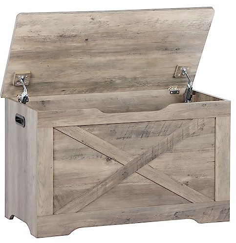 Timberer Aufbewahrungstruhe, Holzbank, Eingangsbereich, Schuhbank mit 2 Sicherheitsscharnieren, Retro-Aufbewahrungskiste für Wohnzimmer, Schlafzimmer, 39,9 x 80,9 x 48,9 cm, Grau