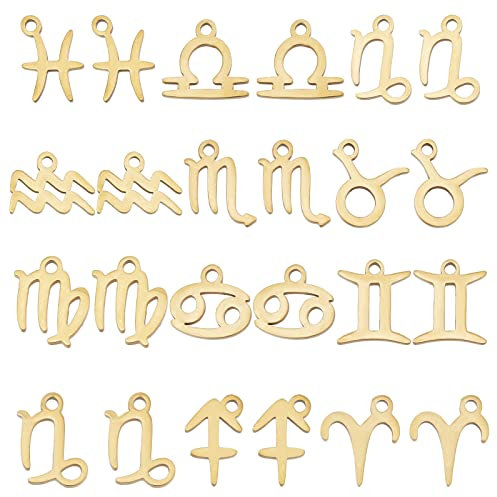 SUNNYCLUE 1 Box 24 Stück Zodiac Constellation Charms Horoskop Charms Edelstahl Charm Astrologie 12 Konstellationen Zwölf Zeichen Doppelseitige Charms Für Schmuckherstellung Charm Erwachsene DIY Craft