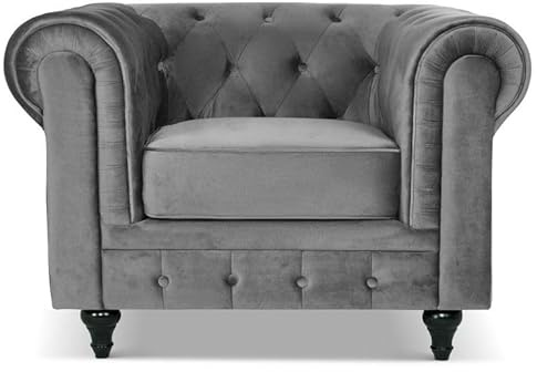 Bravich Velvet Chesterfield Armchair | Single Seater Accent Chair | Soft Plush Fabric | Foam Seat Cushion | Scroll Arms | Button Studded Back | Living Room Bedroom Conservatory | Grey | 110x90x78cm