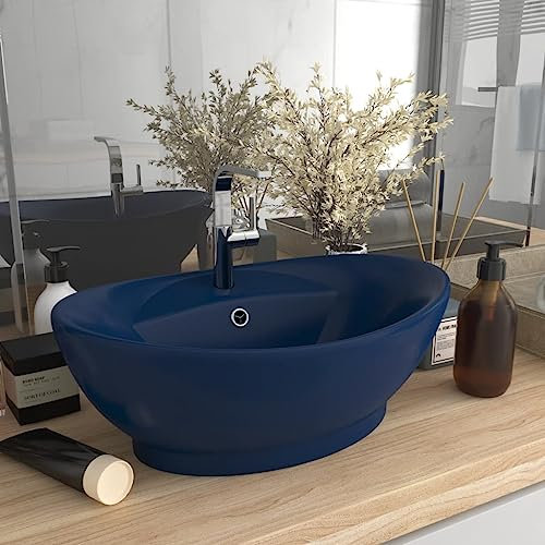 HIGSOSE Lavabo con Troppopieno Blu Scuro Opaco 58,5x39cm Ceramica Lavabo da Esterno Lavabo da Appoggio Lavandino da Appoggio Lavatoio Ceramica Lavatoio da Esterno Arredo Bagno Ovale Lavabo Appoggio