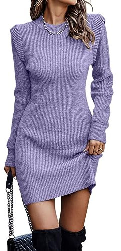 seiveini Vestito Maglioni Donna Elegant Maglioni Lunghi Vestiti in Maglia Girocollo Abito Maglione Vestito a Maglieria Eleganti Tunica Casual Autunno Inverno Maglia Vestito A Viola Chiaro S