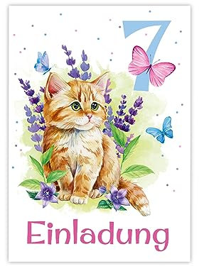Minkocards 12 Einladungskarten zum 7. Kindergeburtstag Mädchen Katze Kätzchen Einladung siebte Geburtstag Kinder bunte Geburtstagseinladungen