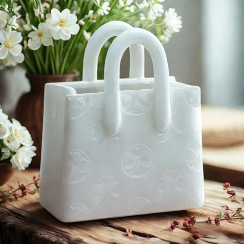Handbag Shaped Ceramic Vase – White Small Decorative Vase with Clover Pattern, 5.9 L x 2.95 W x 7.08 H, Multi-Use for Flowers, Makeup Brushes & Pens, Elegant Gift for Women, Home & Wedding Decor