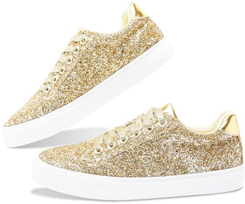 Jeekopeg Glitzer Sparkly Fashion Sneakers Glänzende Freizeitschuhe Bling Pailletten Konzert Low Cut Schnürschuhe, Gold, 13 Women/11 Men