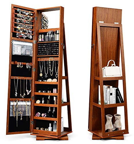 GOPLUS Armoire à Bijoux avec Miroir Plein Longueur, Armoire à Bijoux Pivotante sur Pied avec 3 Étagères de Rangement, Serrure, 3 en 1 Organisateur de Bijoux pour Maquillage, Habillage (Brun)
