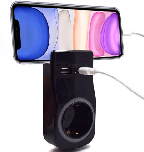 Enchufe Pared, Enchufes 3680w con Doble USB y 1 Toma Schuko 16A,Cargador USB Que Ahorra Espacio para portátil/Smartphone,Multienchufe para casa/Oficina,Indicador LED,Sensor de día y Noche,Negro