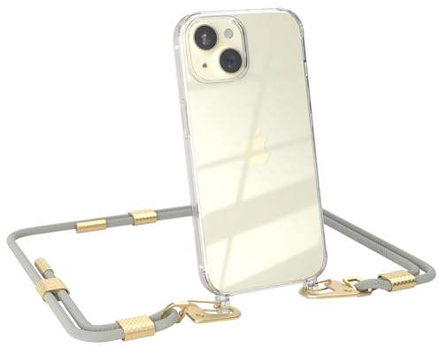EAZY CASE - Handykette mit Karabiner kompatibel mit iPhone 15 - Hülle Silikonhülle Fallschutz transparente Handyhülle Kette zum Umhängen Schutzhülle in Taupe - Clips Gold
