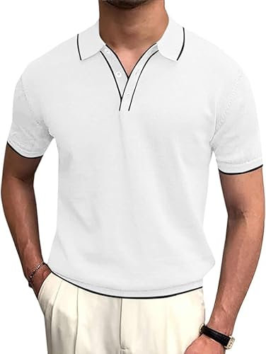 Runcati Herren Poloshirt Kurzarm Golf Tennis Polo T-Shirts Atmungsaktiv Outdoor Funktionell Sportshirt Basic Freizeit Casual Tops Sommer Weiß L